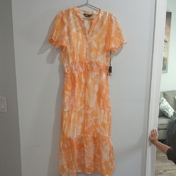 Simply Vera Vera Wang Orange and White Midi Sundress with Flutter Sleeves Nwt - Picture 1 of 12